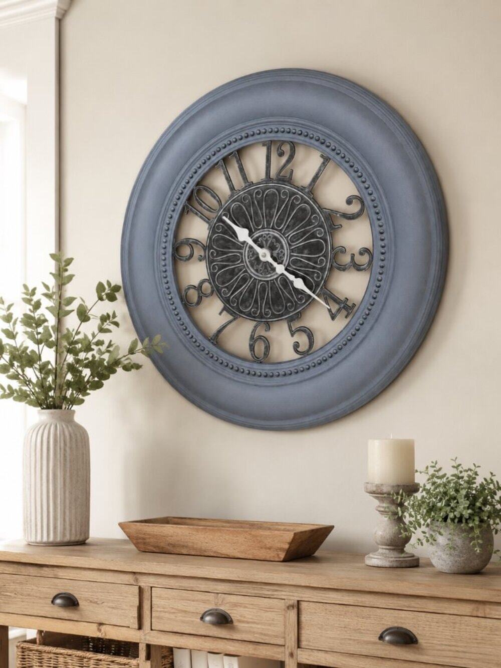 30” Oversized Rustic Farmhouse Wall Clock Gray Blue Gallery Style Decor